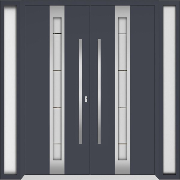 Vdomdoors Metal Double Doors Deux 1717 Gray Graphite Frosted Glass 2 Sidelights Entry Modern Painted 100x80 ( DEUX1717DEXD-GRE-W14+72+14xH80-RH-I - main