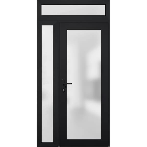 Vdomdoors Front Exterior Prehung FiberGlass Door Frosted Glass / Manux 8102 Matte Black / Sidelight and Trans MANUX8102EXD-BLK-W30+14 x H80+14-RH - main