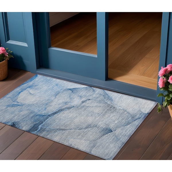 Homeroots 3' X 5' Blue Abstract Washable Non Skid Indoor Outdoor Area Rug 559796 - main