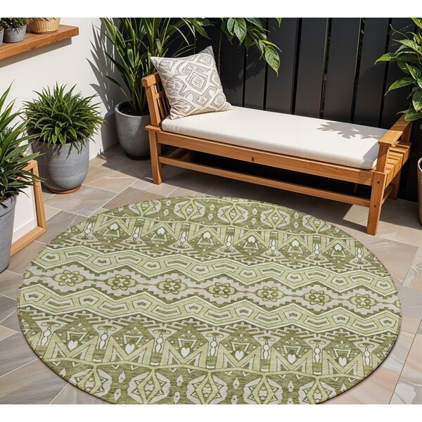Homeroots 8' Artichoke Green Gray And Ivory Round Moroccan Washable Indoor Outdoor Area Rug 594294 - main