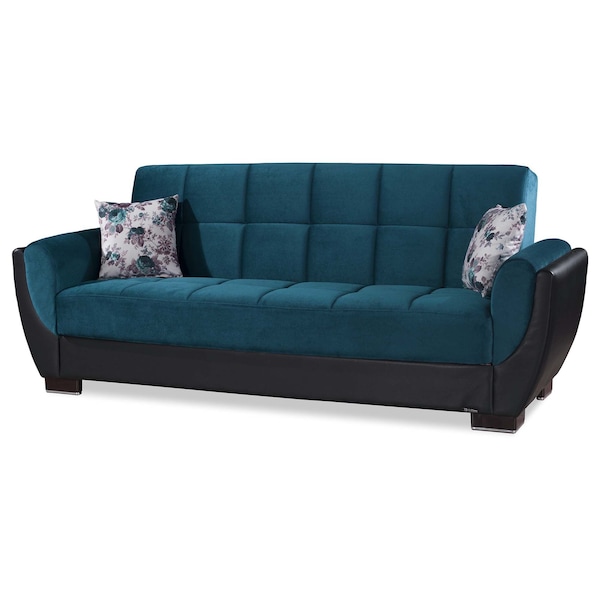 Homeroots 93" Blue Microfiber And Faux Leather Sleeper Sofa And Toss Pillows With Brown Legs 607165 - main