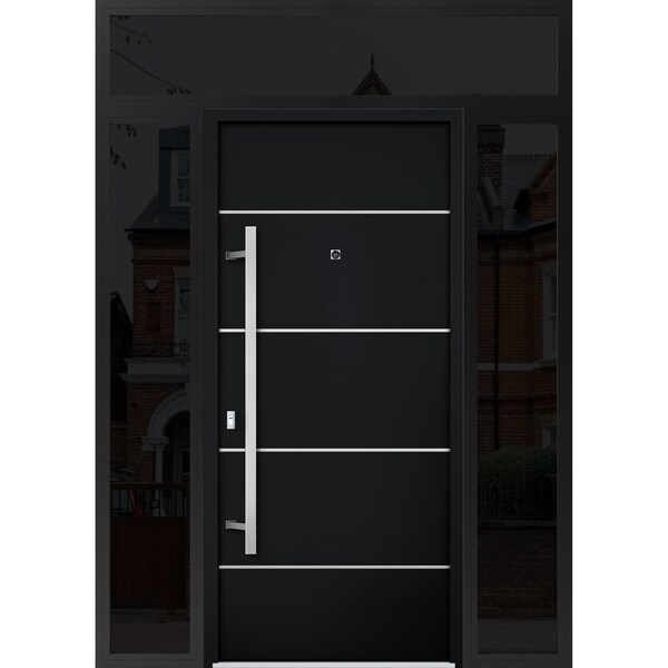 Vdomdoors Steel Door Deux 6083 Black Enamel 2 Sidelight and Transom Window Sidelite Stainless Inserts Entry D DEUX6083EXD-BLK-W12+36+12 x H80+16-RH-I - main