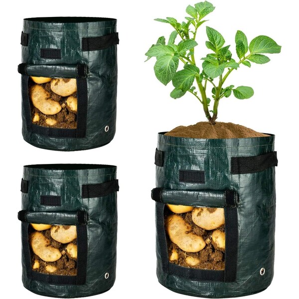 Ipower Potato Grow Bags 7 Gallon with Flap, Sturdy Handles and Harvest Windows, Green, 3PK GLGROWBAGWINDOWPE7X3 - main