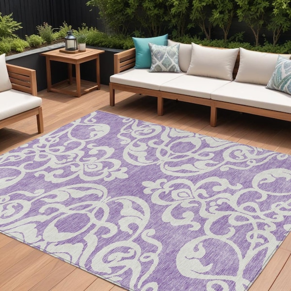 Homeroots 9' X 12' Purple And Ivory Damask Washable Indoor Outdoor Area Rug 614453 - main