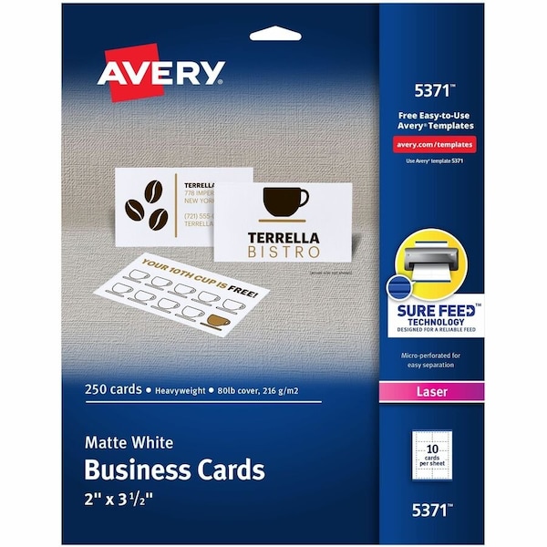 Avery Dennison Business Cards, Laser, 2x3.5, PK250 5371 - main