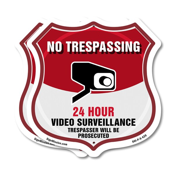 Signmission No Trespassing Shield Sign 24 Hour Video, 6 inch X 6 inch, Plastic Sign, 2PK SHI-P-2PACK-6-420 - main