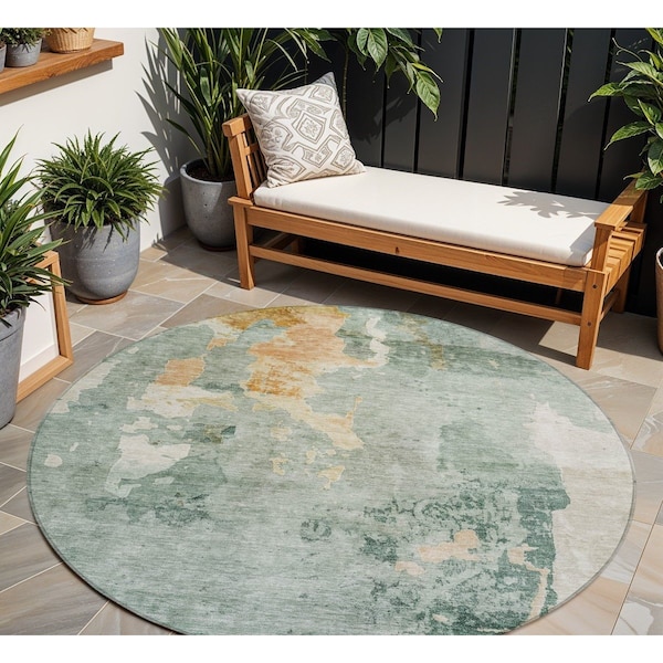 Homeroots 8' Blue Copper And Gray Round Abstract Washable Indoor Outdoor Area Rug 605496 - main