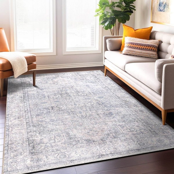 World Rug Gallery Distessed Medallion Machine Washable Area Rug 5 ft x 7 ft Blue 6033BLUE5X7 - main