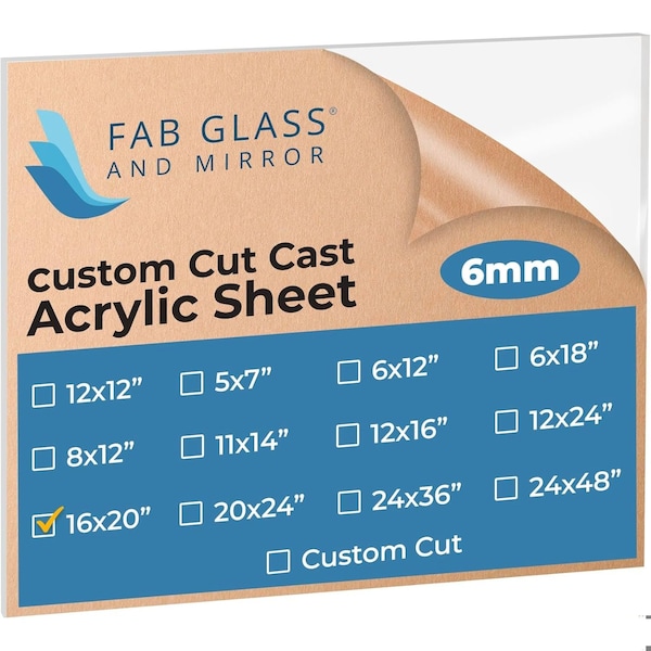 Fab Glass And Mirror Acrylic Sheet Plexiglass, Rectangle PET Sheet 16in x 20in with Protective Film, 1/4in Clear Pan... ACR6M16X20RC - main