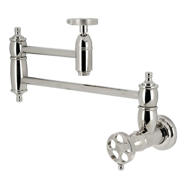 Kingston Brass Wall Mount Pot Filler Faucet with Knurled Handle, Polished Nickel KS3106RKZ - main