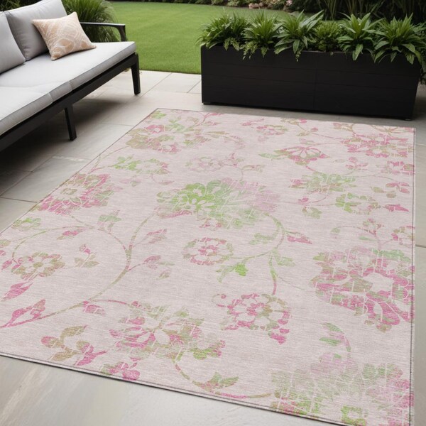Homeroots 5' X 8' Pink Blush And Artichoke Green Floral Washable Indoor Outdoor Area Rug 589489 - main