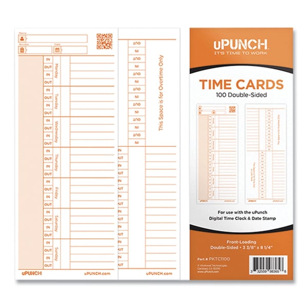 Upunch Time Card for PK1100 Time Clock, Two Sides, 3.38 x 8.25, 100PK PKTC1100 - main