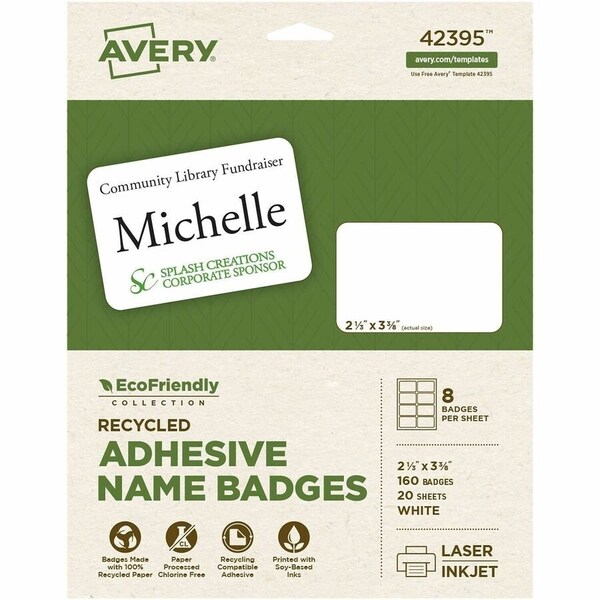 Avery Dennison Avery, ECOFRIENDLY ADHESIVE NAME BADGE LABELS, 3.38 X 2.33, WHITE, 160PK 42395 - main