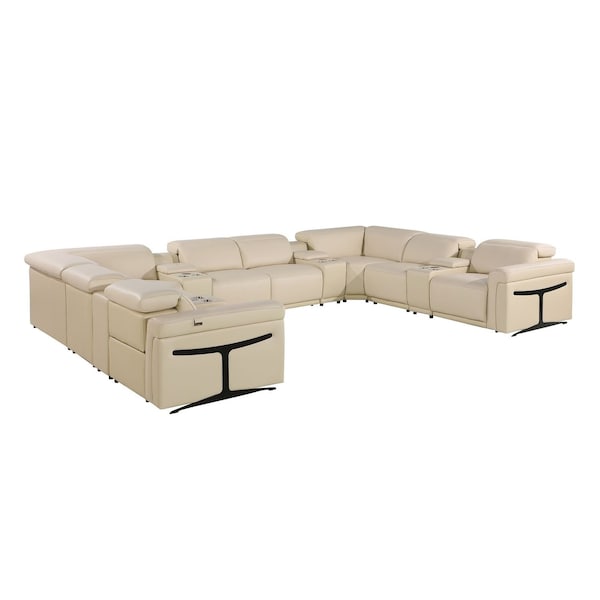 Homeroots Beige Italian Leather Power Reclining U Shaped Twelve Piece Sectional With Console 634659 - main