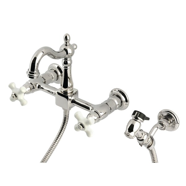 Kingston Brass Two-Handle Wall Mount Bridge Kitchen Faucet with Brass Sprayer, Polished Nickel KS2446PXBS - main