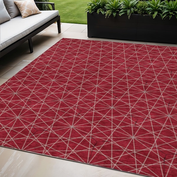 Homeroots 5' X 8' Red Black And Ivory Geometric Washable Indoor Outdoor Area Rug 596759 - main