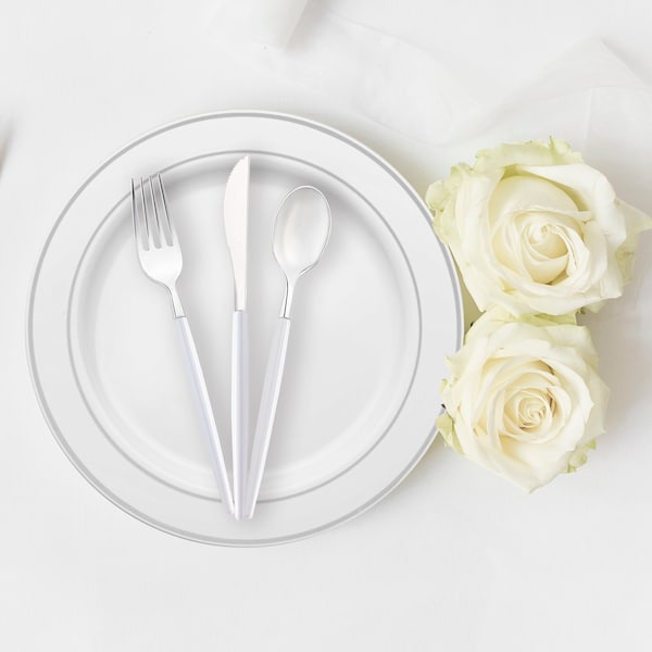 Smarty Had A Party Silver White Handle Moderno Plastic Cutlery Set - Spoons, Forks and Knives (240 Guests), 720PK 9320-SWSCS-CASE - main
