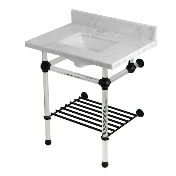 Kingston Brass 30-Inch Carrara Marble Console Sink with Acrylic Legs and Shelf, 8-Inch, 3-Hole KVPB30MASQB0 - main