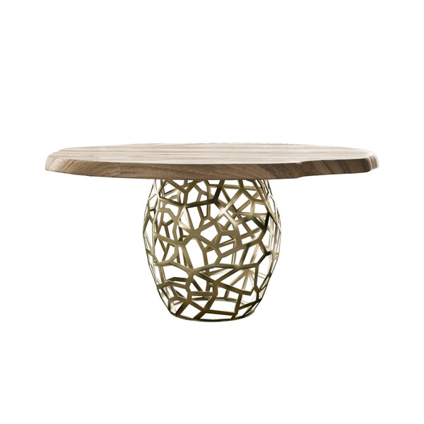 Homeroots 47" Acacia Live Edge Rounded Solid Wood And Brass Dining Table 487363 - main
