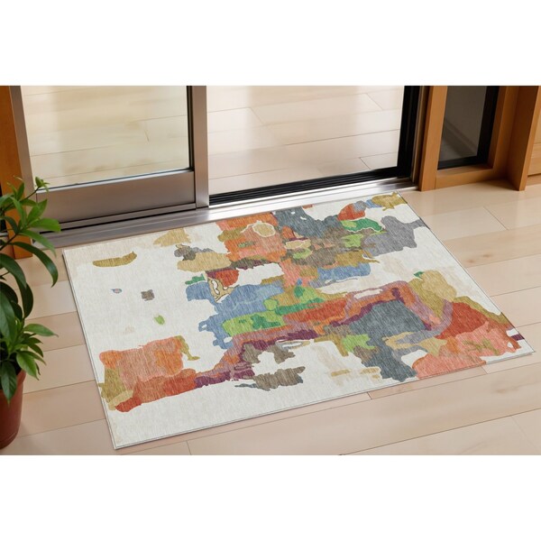 Homeroots 3' X 5' Ivory Pink And Green Abstract Washable Indoor Outdoor Area Rug 599580 - main