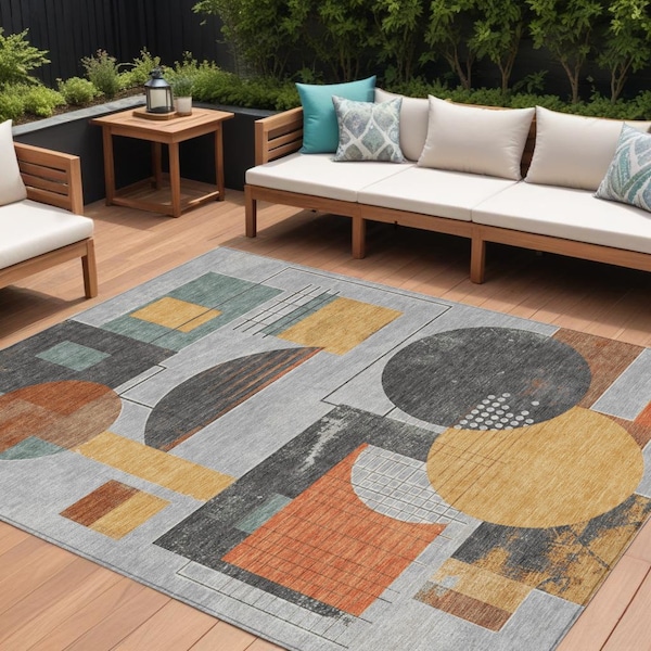 Homeroots 10' X 14' Gray Gold And Orange Geometric Washable Indoor Outdoor Area Rug 618027 - main