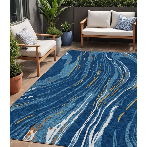 Homeroots 5' X 8' Navy Blue Gold And Copper Abstract Washable Indoor Outdoor Area Rug 600241 - main