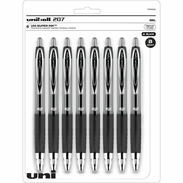 Uniball TM 207 Gel Pen, 0.7 mm Medium Conical Pen Point, Refillable, Retractable, Black Ink, 6PK 1756584 - main