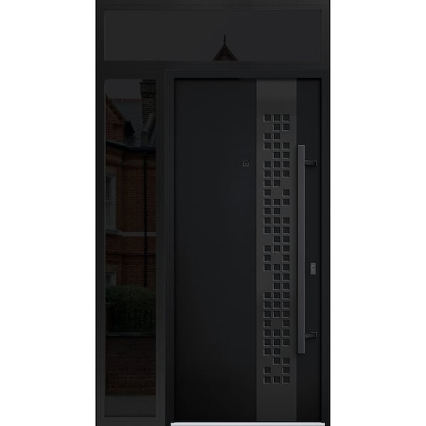 Vdomdoors Steel Door Deux 6078 Black Enamel Sidelight and Transom Window Sidelite Entry Door Painted W36+14xH DEUX6078EXD-BLK-W36+14 x H80+16-LH-I - main