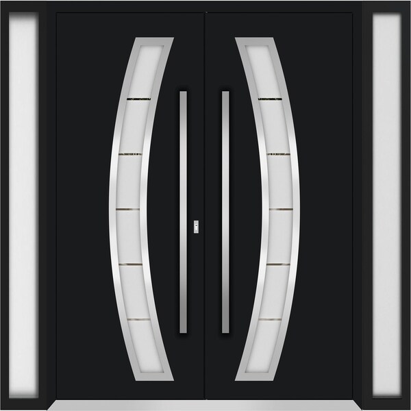Vdomdoors Metal Double Doors Deux 6500 Black Enamel Frosted Glass 2 Sidelights Entry Modern Painted 100x80 (W DEUX6500DEXD-BLK-W14+72+14xH80-RH-I - main