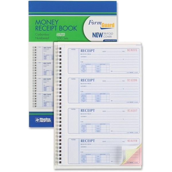 Rediform Money Receipt Book, 7 X 2 3/4, Carbonless Triplicate, 100 Receipts/Book 8L808R - main
