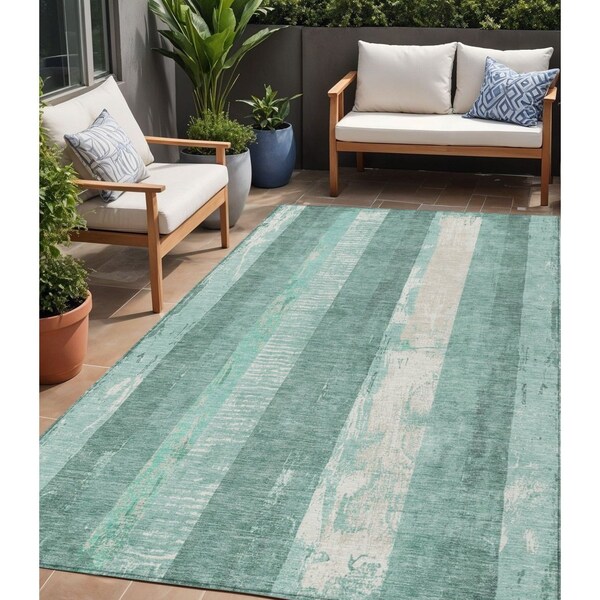 Homeroots 5' X 8' Pale Aqua And Teal Blue Striped Washable Indoor Outdoor Area Rug 617849 - main