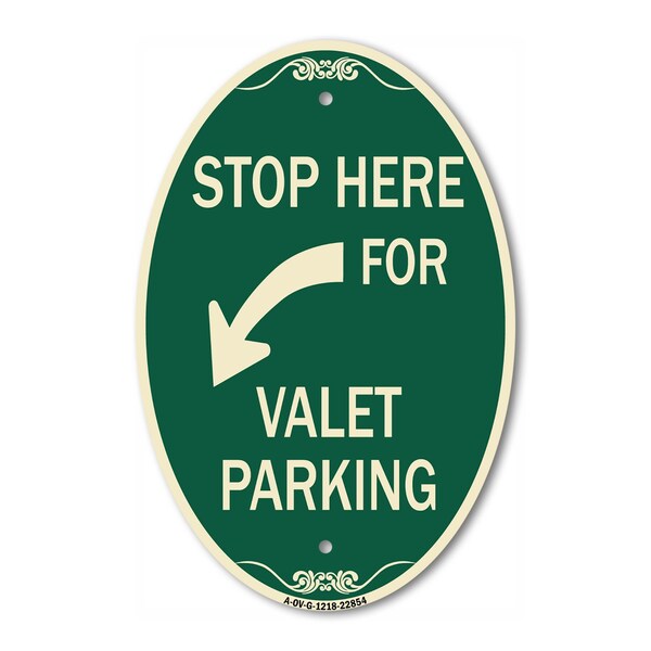 Signmission Stop Here for Valet Parking Left Arrow, 12 In X 18 In Architectural Oval, Heavy Gauge Aluminum A-OV-G-1218-22854 - main
