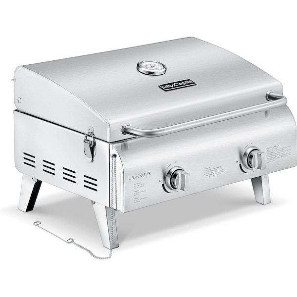 Lifemaster Portable Tabletop Gas Grill, Stainless Steel, 2 Burners, 20,000 BTU, Folding Legs, Windproof Lid LMGR02 - main