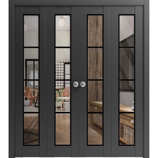 Sartodoors Sliding Closet Double Bi-fold Doors, Lucia 2466 Matte Black with Clear Glass and Aluminum Strips, LUCIA2466DBF-BLK-96 x 96 (4* 24x96) - main