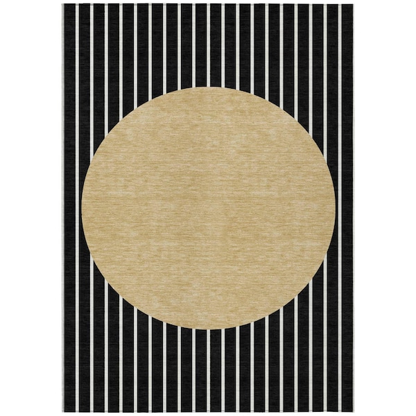 Homeroots 8' X 10' Black And Beige Striped Washable Indoor Outdoor Area Rug 597148 - main