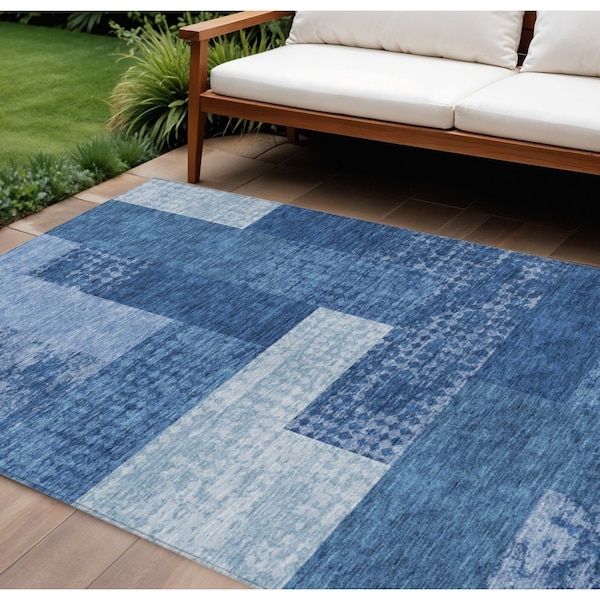 Homeroots 10' X 14' Navy Blue And Sky Blue Geometric Washable Indoor Outdoor Area Rug 612453 - main