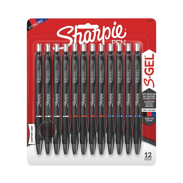 Sharpie S-Gel High-Performance Gel Pen, Retractable, Medium 0.7 mm, Assorted Ink Colors, Black Barrel, 12PK 2096153 - main