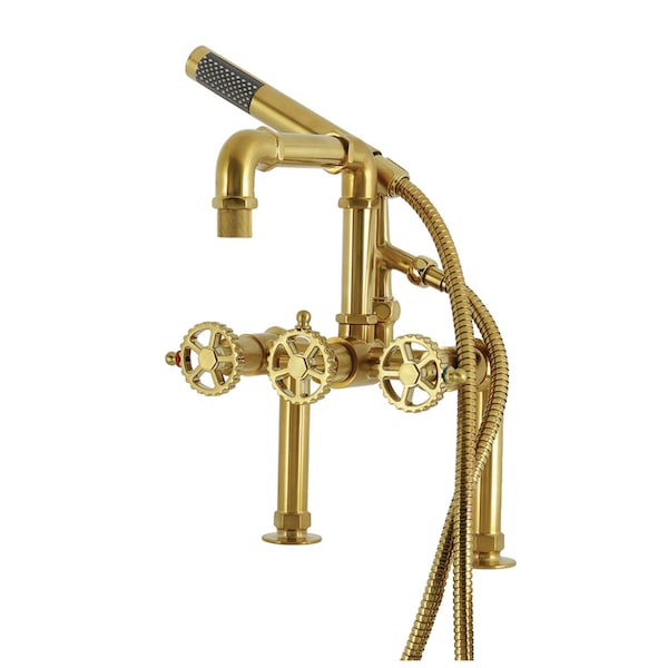 Kingston Brass 7" Center Deck-Mount Clawfoot Tub Faucet with Hand Shower, Brushed Brass AE6407CG - main