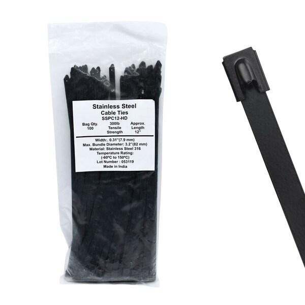 Cable Ties Unlimited Cable Tie, 12 in L, 300 lb Strength, 3.3 in Max Bundle Dia, Coated 316 Stainless Steel, Black, 100PK SSPCoated12-HD - main