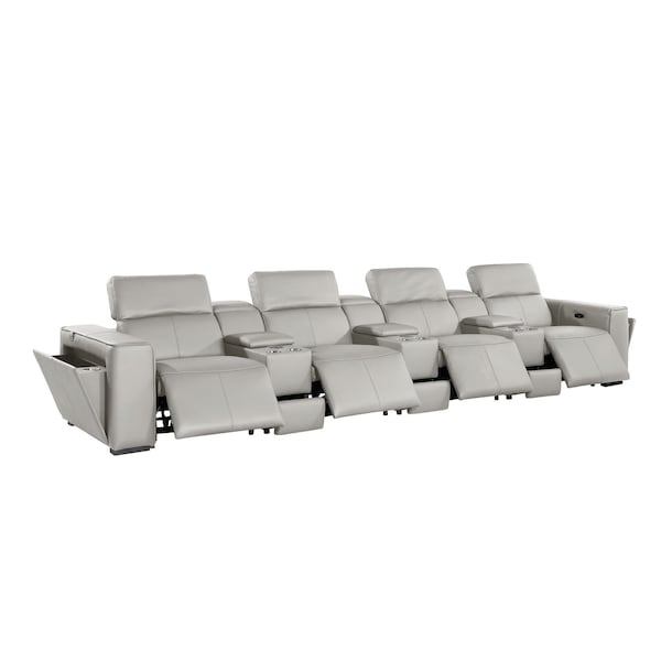 Homeroots 170" Light Gray Top Grain Leather Reclining Metal USB Sofa 720424 - main