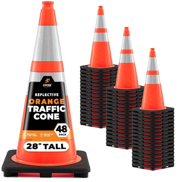 Xpose Safety Traffic Safety Cone, 28 in, PVC, Dual 6 in & 4 in Reflective Collar, DOT Approved, Orange, 48 pk OTC28-64-48-X - main
