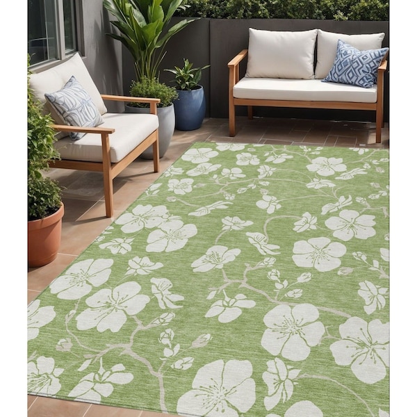Homeroots 5' X 8' Artichoke Green And Ivory Floral Washable Indoor Outdoor Area Rug 599851 - main