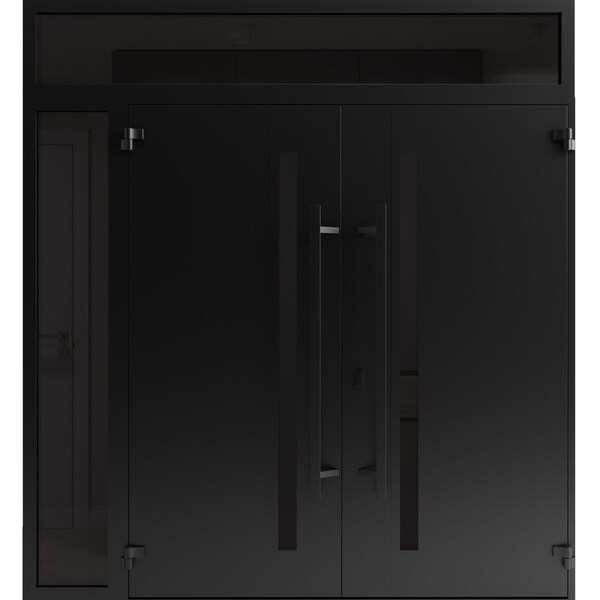 Vdomdoors Front Exterior Prehung Aluminum Double Doors Ronex1033 Teak Mirrored Clear Glass 1 Sidelight and RONEX1033DEXD-OAK-W72+12xH80+16-RH-I - main