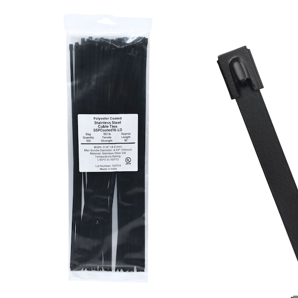 Cable Ties Unlimited Cable Tie, 16 in L, 150 lb Strength, 4.5 in Max Bundle Dia, Coated 316 Stainless Steel, Black, 100PK SSPCoated16-LD - main