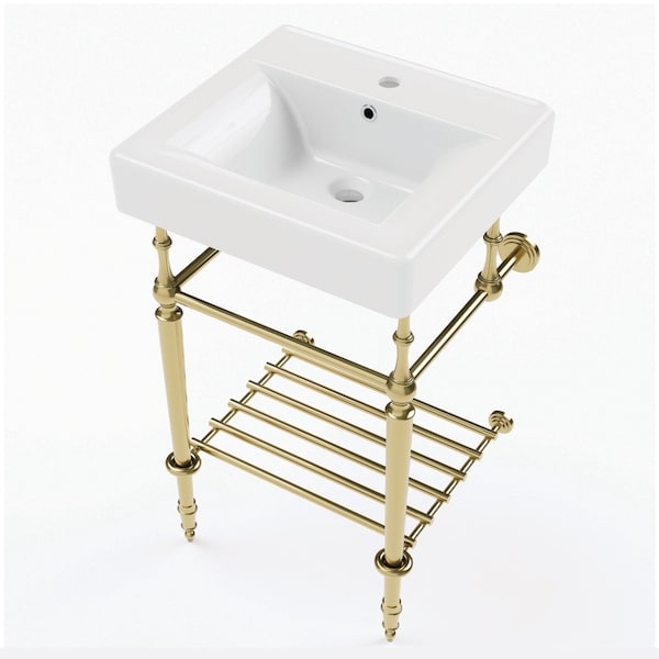 Kingston Brass 20" Ceramic Console Sink with Brass Legs and Shelf, 1-Hole, White/Brushed Brass KVPBH2018W17 - main