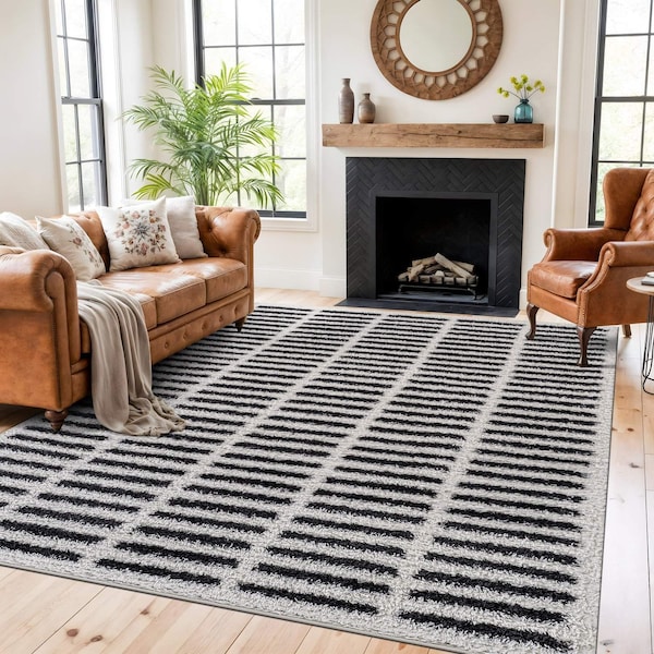 World Rug Gallery Bohemian Stripe Lines Shag Area Rug 7 ft 10 in x 10 ft White WR128WHITE8X10 - main