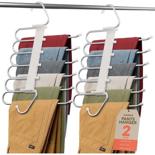Campior Space Saving Pants Hangers 2 Pack, 6-Layer S-Type Stainless Steel, Anti-Slip, White CMPSSHANWHT-2pk - main
