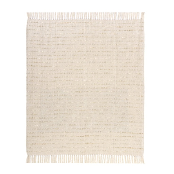 Homeroots 50" X 60" White and Beige Cotton Blend Woven Striped Throw Blanket with Fringe 548877 - main