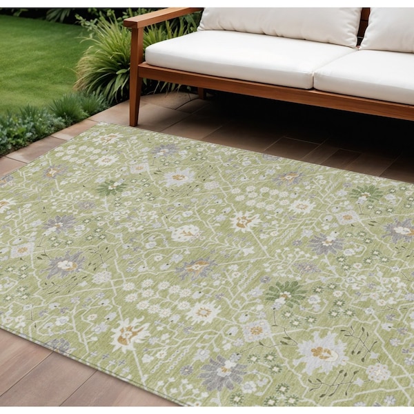 Homeroots 10' X 14' Artichoke Green Gray And Ivory Oriental Washable Indoor Outdoor Area Rug 598015 - main