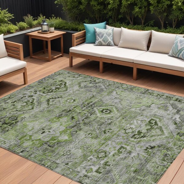 Homeroots 10' X 14' Artichoke Green And Gray Floral Medallion Washable Indoor Outdoor Area Rug 616615 - main